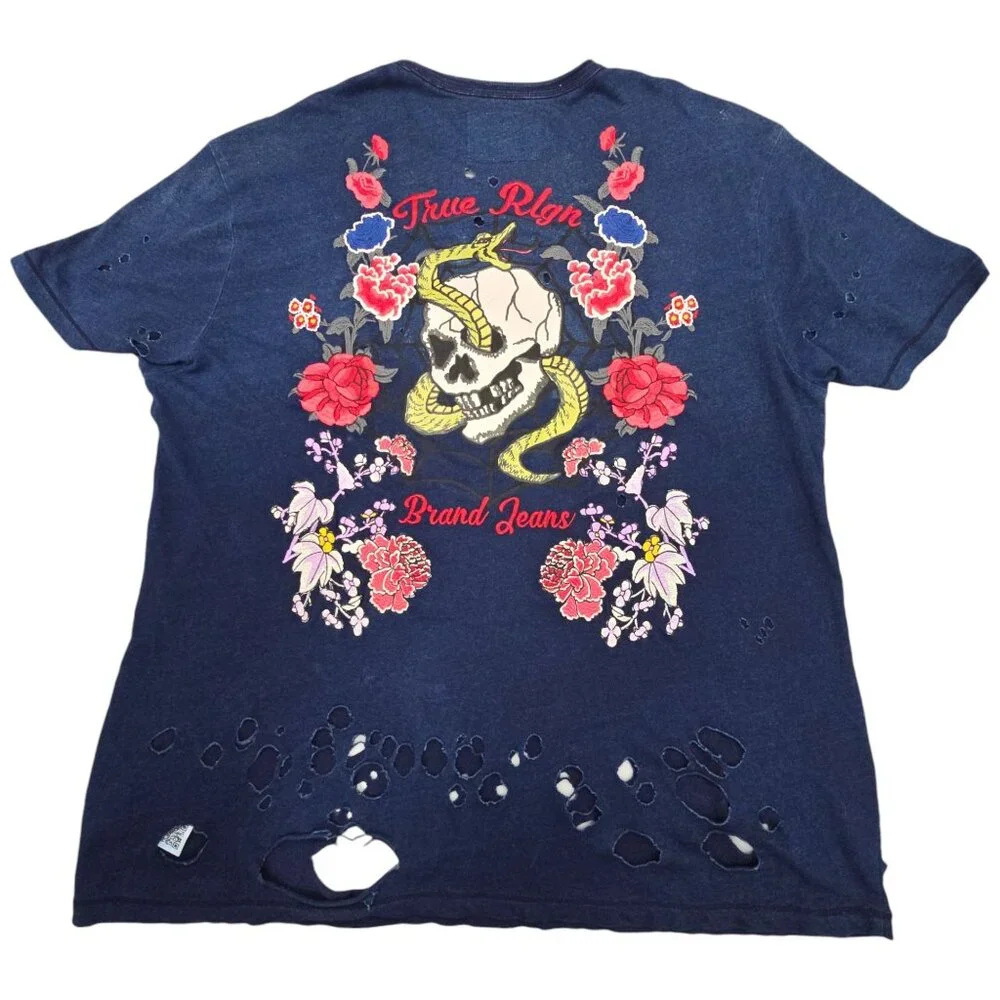True Religion XXL Distressed Unisex Navy T-Shirt Skull Snake Roses Single Stitch